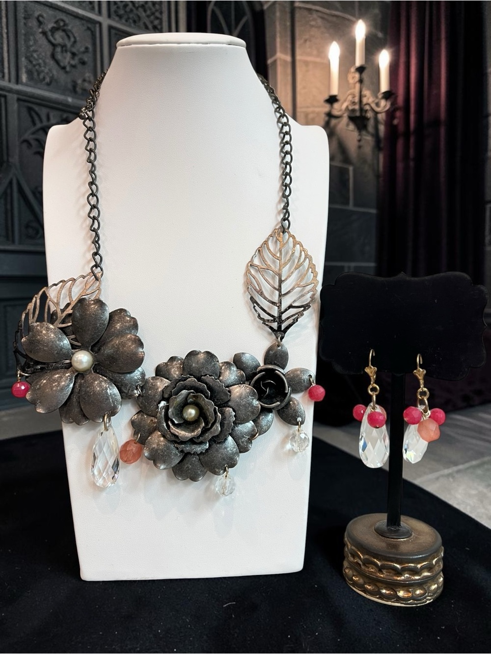Isadore Upcycled Gunmetal Flower Pink Crystal Necklace and Pierced Earrings Set